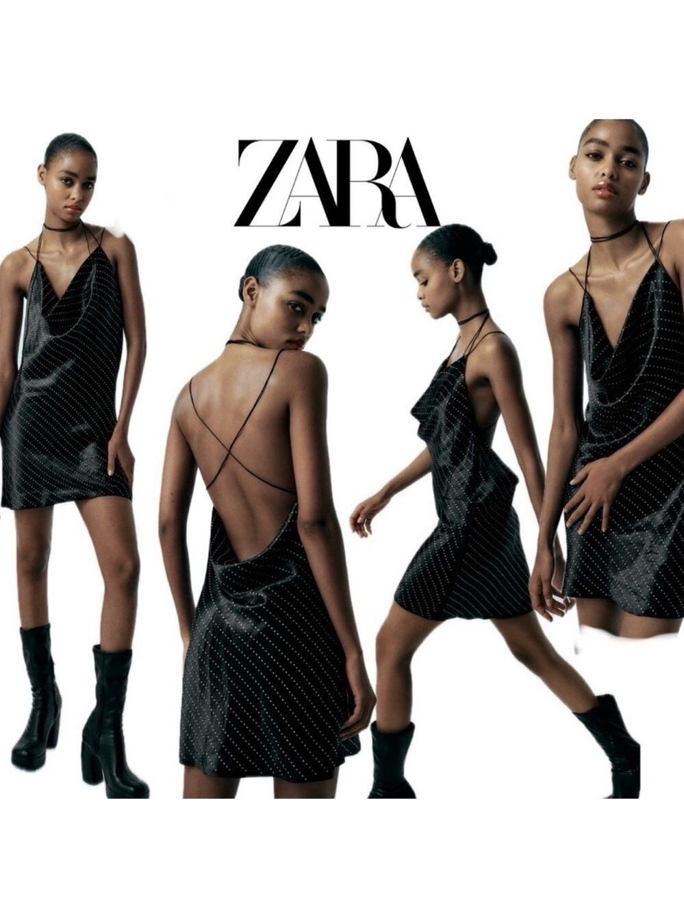 Zara Black satin effect crystal rhinestone jewelled cowl neck mini slip dress